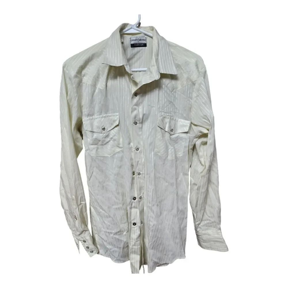 3025 - Western shirt men's Large  off-white pearl snaps Karman Silver Collection